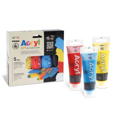 Art set with fine acrylic paint in 75 ml tubes, 5 standard colours