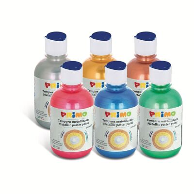 Display containing 6 bottles of 300 ml ready-mix METALLIC poster paint, with flow-control cap.