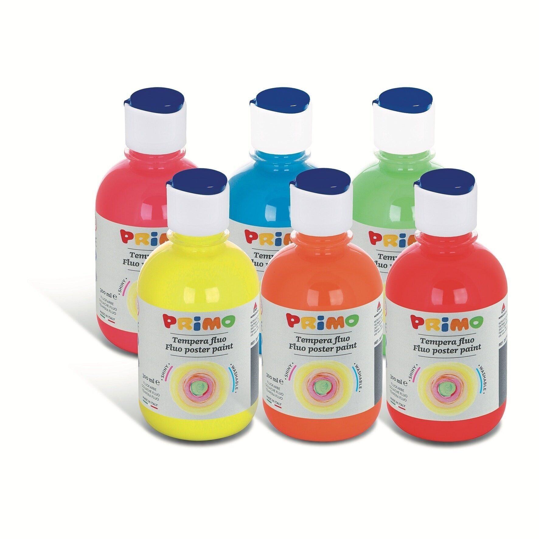 Display containing 6 bottles of 300 ml ready-mix FLUO poster paint, with flow-control cap.