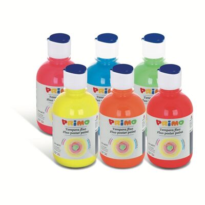 Display containing 6 bottles of 300 ml ready-mix FLUO poster paint, with flow-control cap.