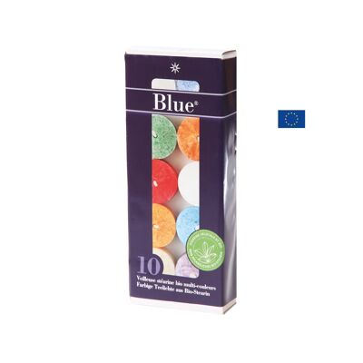 Schachtel mit 10 mehrfarbigen Stearin-Teelichtern / Nachtlichtern aus Bio-Stearin