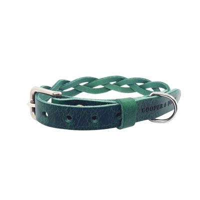 Twisted Leather Dog Collar - Green - Stainless Steel Fittings