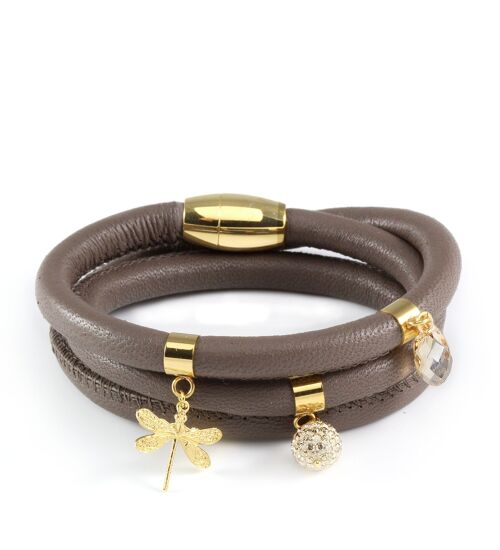 Taupe triple wrap leather bracelet with crystals