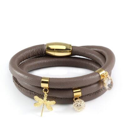 Bracelet en cuir triple tour taupe avec cristaux