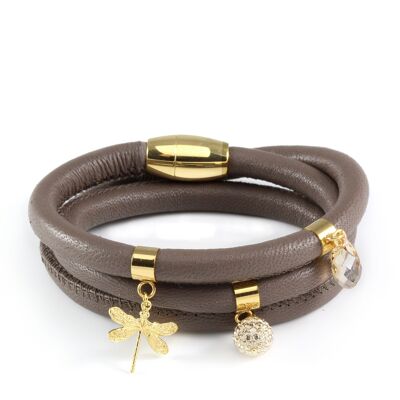 Taupe triple wrap leather bracelet with crystals