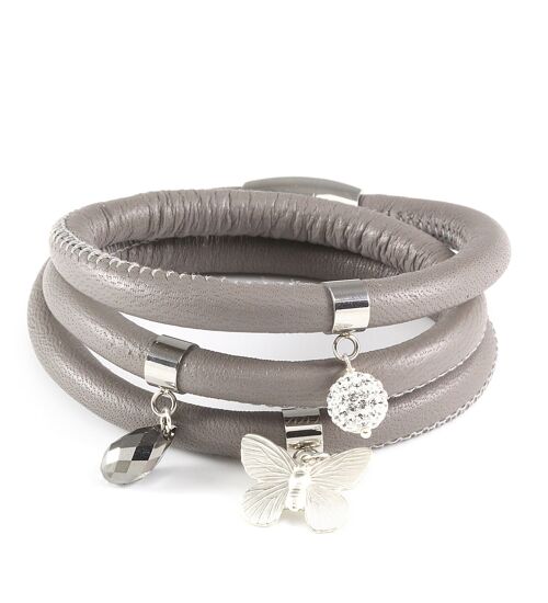 Grey triple wrap leather bracelet with crystals