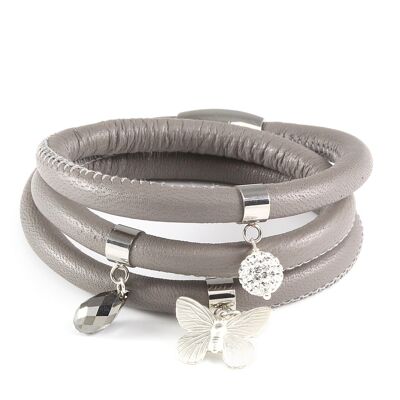 Grey triple wrap leather bracelet with crystals