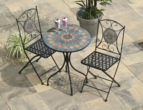 Naples Cast Iron Mosaic Bistro Set - Table & 2 folding Chairs