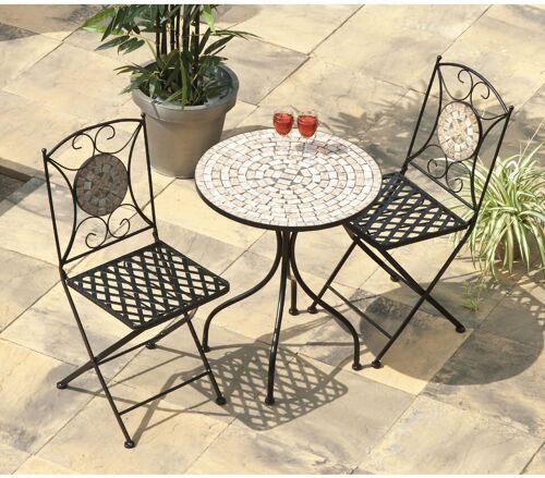 Milan Cast Iron Mosaic Bistro Set - Table & 2 folding Chairs