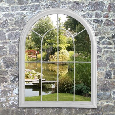 Specchio da parete da giardino con grande porta ad arco decorativa bianca con cornice in metallo
