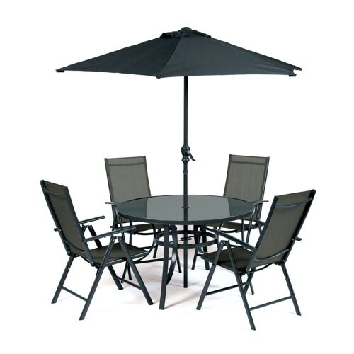 4 Seater Dining Set with Parasol and Reclining Folding Chairs Charcoal