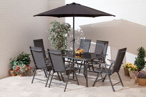 6 Seater Dining Set with Parasol and Reclining Folding Chairs Charcoal