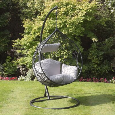 Sedia da giardino singola da appendere a forma di lacrima a forma di uovo con cuscino in grigio