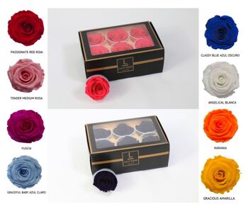 18 boîtes de 6 roses rouges éternelles stabilisées 6cm, 108 vrais boutons de roses rouges éternelles 3