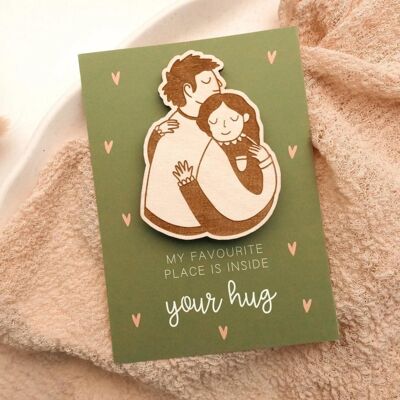 Aimant couple en bois sur carte postale - aimant frigo câlin