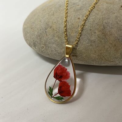 Resin red gypsophila dried flower necklace, golden drop pendant