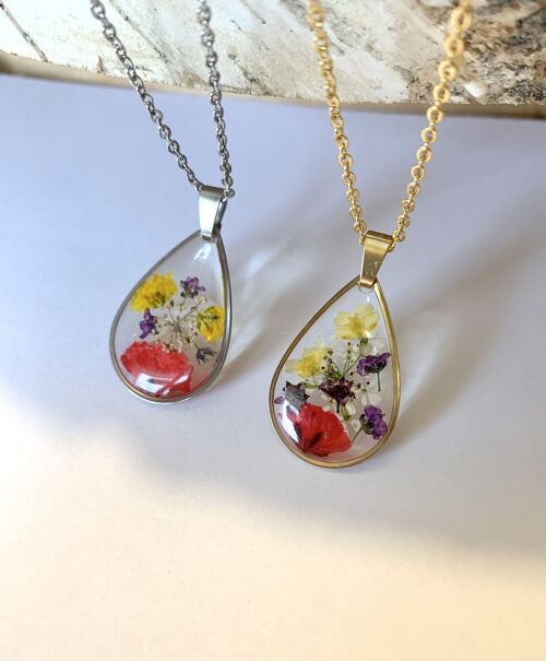 Collier fleur séchée Gypsophile et Ami Majus résine, pendentif goutte doré ou argenté