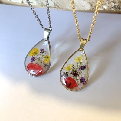 Collier fleur séchée Gypsophile et Ami Majus résine, pendentif goutte doré ou argenté