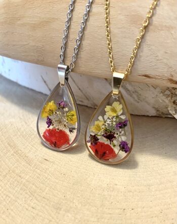 Collier fleur séchée Gypsophile et Ami Majus résine, pendentif goutte doré ou argenté 2