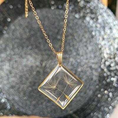 Resin dandelion dried flower necklace, golden diamond pendant