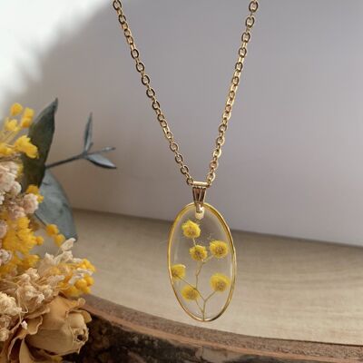 Mimosa resin dried flower necklace, golden oval pendant