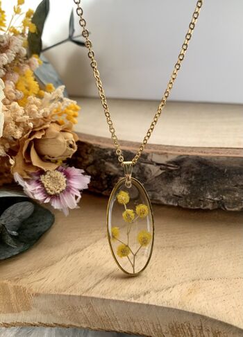 collier fleur séchée Mimosa résine, pendentif ovale doré 2