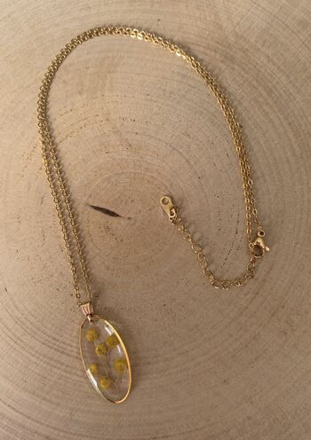 collier fleur séchée Mimosa résine, pendentif ovale doré 4