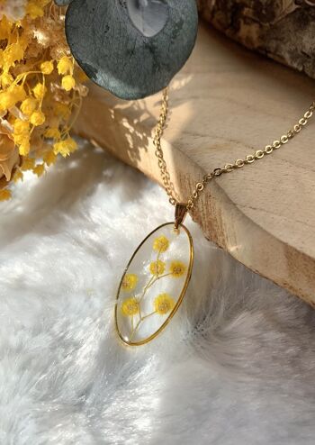 collier fleur séchée Mimosa résine, pendentif ovale doré 6
