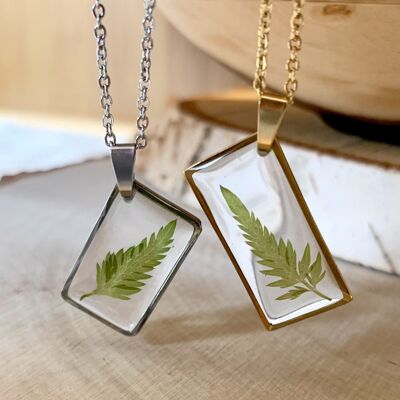resin fern dried flower necklace, gold or silver rectangle pendant