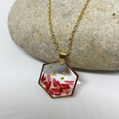 Dried flower necklace with red resin shards Gypsophila, golden hexagon pendant