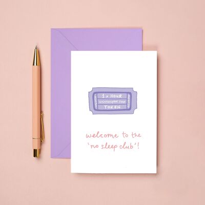 Ningún club del sueño tarjeta de felicitación | Tarjeta de bebé nueva y divertida
