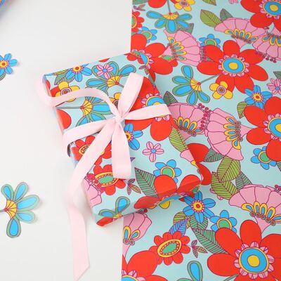 Enveloppement cadeau floral groovy | Feuilles de papier d'emballage