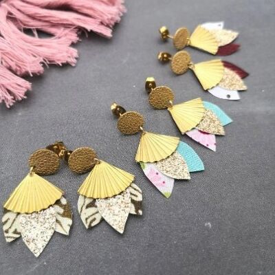 3 pairs of golden earrings in upcycled fabric