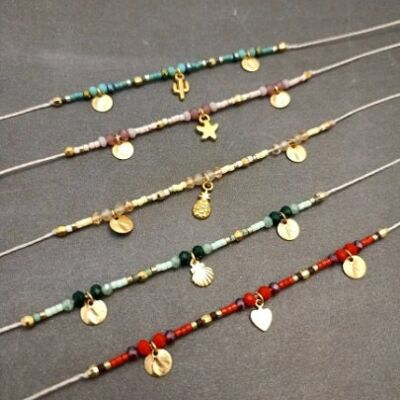 Thin bracelet with small charms, thread bracelet with sliding knot