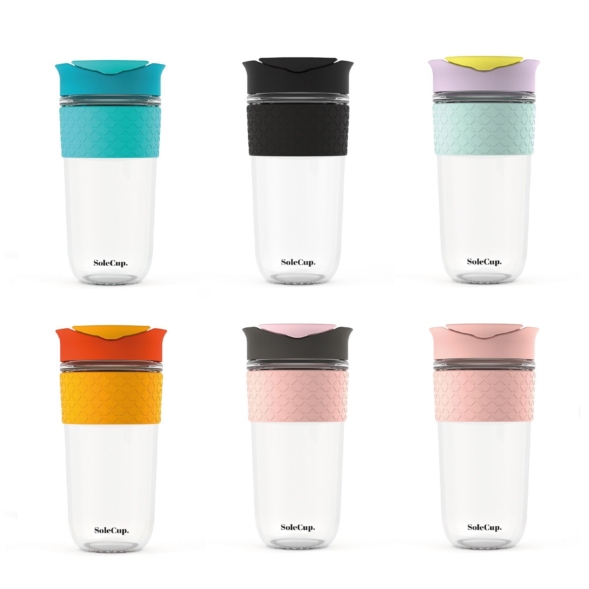 Tazza da viaggio in vetro grande SoleCup - 18oz (530ml) - Impugnatura in silicone - Confezione da 24 pezzi