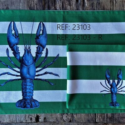 Individual resin-coated set and green striped lobster napkin