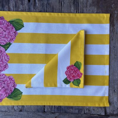 Set of resin-coated placemat and yellow striped Hydrangea napkin.
