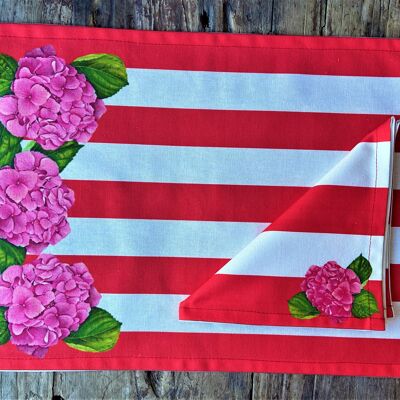Red striped hydrangea placemat and napkin set