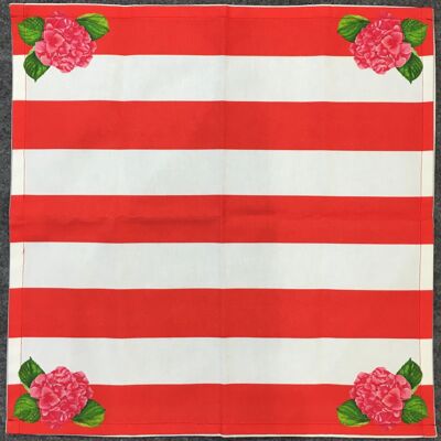 Set of resin-coated placemat and red striped Hydrangea napkin