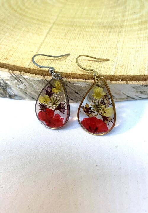 Boucles d'oreilles fleur séchée Gypsophile et Ammi Majus résine, goutte dorée ou argentée