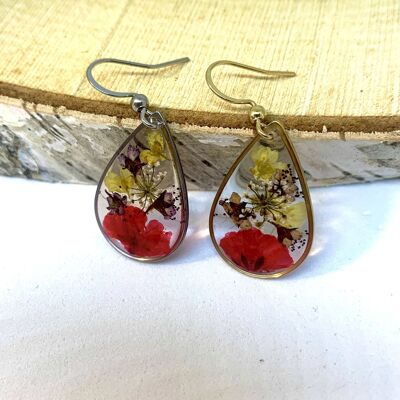 Boucles d'oreilles fleur séchée Gypsophile et Ammi Majus résine, goutte dorée ou argentée