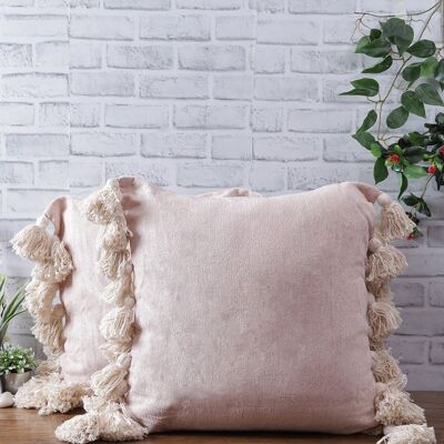 Fodera per cuscino in ciniglia rosa con nappe