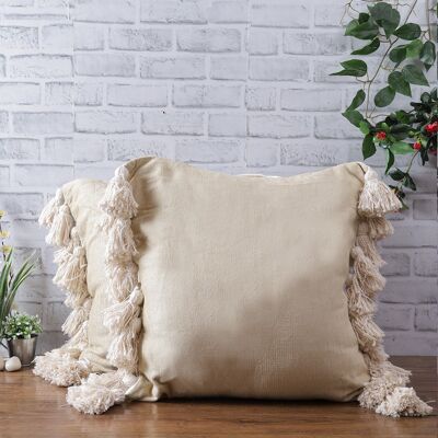 Beige Chenille Cushion Cover With Tassels