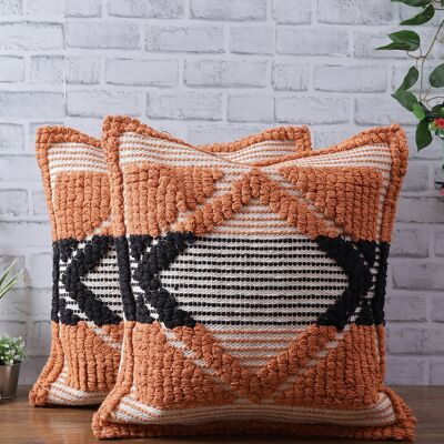 Housse de coussin carrée noire et orange tissée à la main