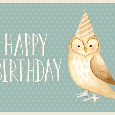 Greeting card Happy Birthday! Owl with party hat