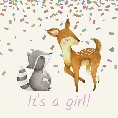 Greeting card It's a girl! Deer and raccoon with confetti