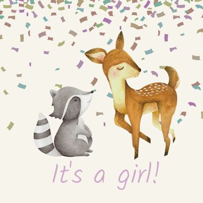 Greeting card It's a girl! Deer and raccoon with confetti