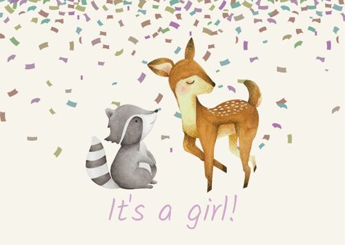 Wenskaart It's a girl! Hert en wasbeer met confetti