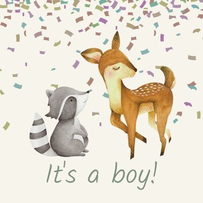 Greeting card It's a boy! Deer and raccoon with confetti