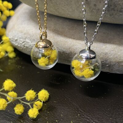 Mimosa dried flower necklace, gold or silver glass sphere pendant